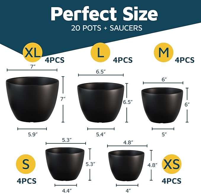 Lifemaster Plant Pots with Multi Drainage Holes - 20 Pieces Versatile, Sturdy Plastic, Stackable Design Home Decor Flower Pots for Indoor and Outdoor Gardening - Black