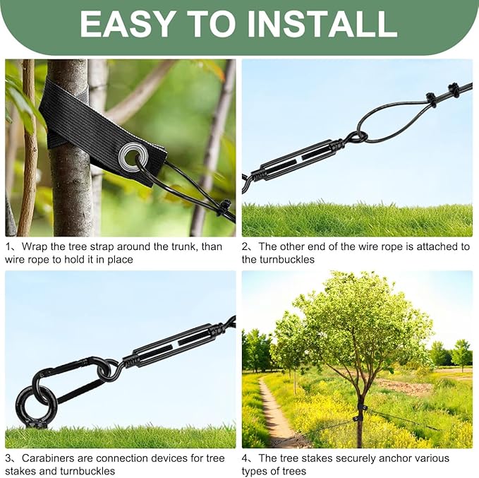 3 Pack 18" Tree Stakes and Supports for Leaning Trees, Tree Stake Kit Heavy Duty, Tree Supports Stakes with 3 Straps & 3 Turnbuckles & 3/16 PVC Coated Wire Rope