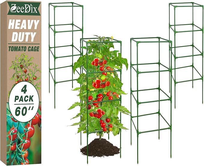 ZeeDix 4 Pack Tomato Cages for Garden 60 Inches, Heavy Duty Square Adjustable Tomato Trellis Cage Climbing Plant Support Trellis Plant Cages for Climbing Vegetables Flowers with 40Pcs Clips