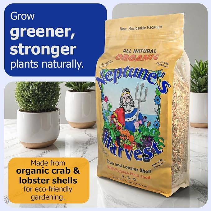 Neptune’s Harvest Organic Crab & Lobster Shell Multi-Purpose Plant Food (5-3-0) - 4 LB Resealable Bag - Rich in Nutrients Soil Fertilizer - Plant Food for Lawns, Gardens, and Vegetables