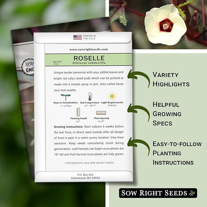 Sow Right Seeds - Roselle Seeds for Planting - Hibiscus Sabdariffa - Non-GMO Heirloom Variety - Tender Perennial - Edible Flowers for Homemade Syrup and Jam - Tropical Flower Garden (1)