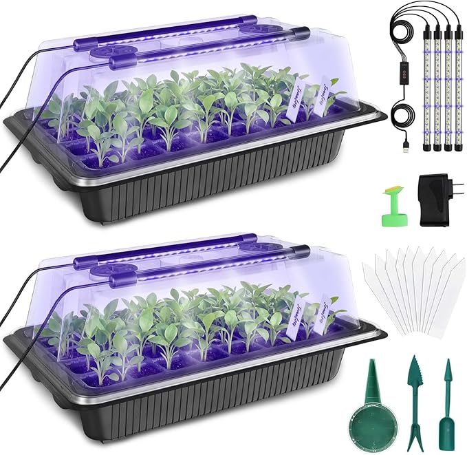 MQUPIN 80-Cell Seed Starter Tray with Grow Light, 2-Pack Adjustable Brightness Seed Starter Kit with Humidity Dome,Smart Timer,Watering Sprayer,Seeder,Plant Germination Kit for Seeds Growing