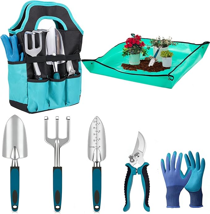 7-Piece Garden Tool Set - Heavy Duty Lightweight Aluminum Alloy Gardening Tools with Storage Tote Bag, Rust-Proof Gardening Hand Tools & Non-Slip Ergonomic Grip, Ideal Gardening Gifts for Women