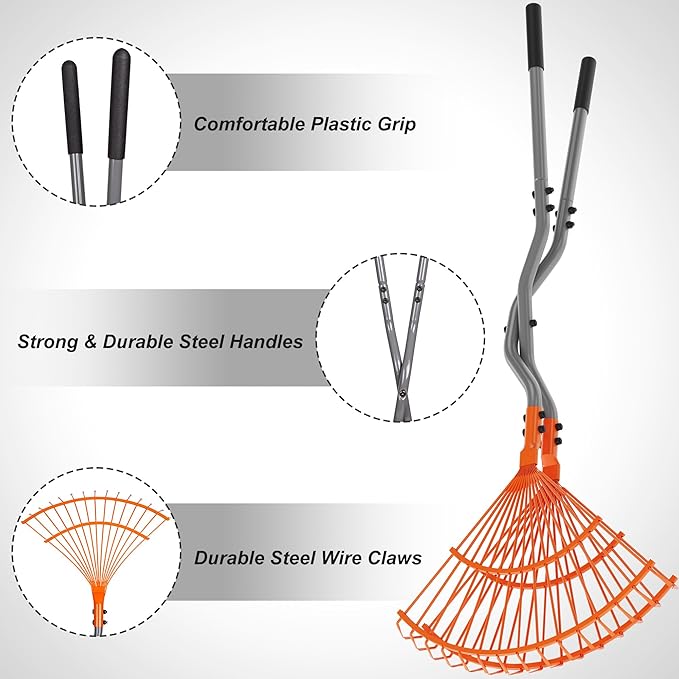 Walensee Rake for Leaves, Heavy Duty Leaf Picker Upper & Leaves Scooper, Leaf Grabber with Long Steel Handle, Multi-Use Garden Claw and Hands Rake for Lawn & Yard Shrub Cleanup