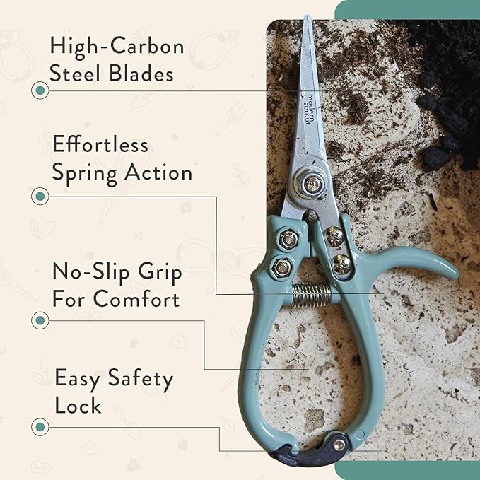 Modern Sprout Hand Pruners & Shears Set with Blister Pack - Lightweight Gardening Tools with Easy Lock - Sharp Carbon Steel Blades -Rust Resistant Scissors for Herbs, Flowers - Ocean