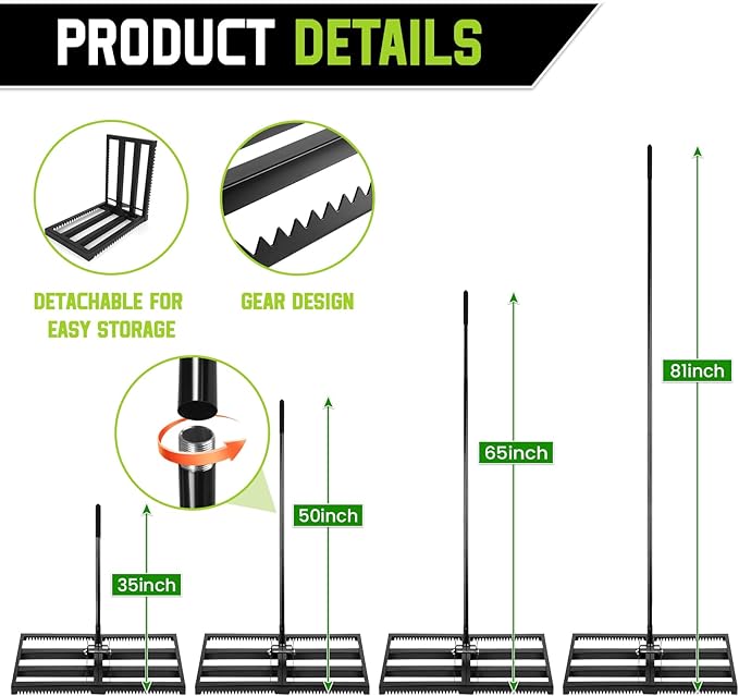 Top Soil Lawn Leveling Rake ,Lawn Sand Flea Rake Leveling 30”x10” Heavy Duty Leveler,Anti Flipping Smooth Edge,16-77" Adjustable, for Sand,Top Soil Dressing,Yard Landscape,Ground Soil, Dirt,Grass