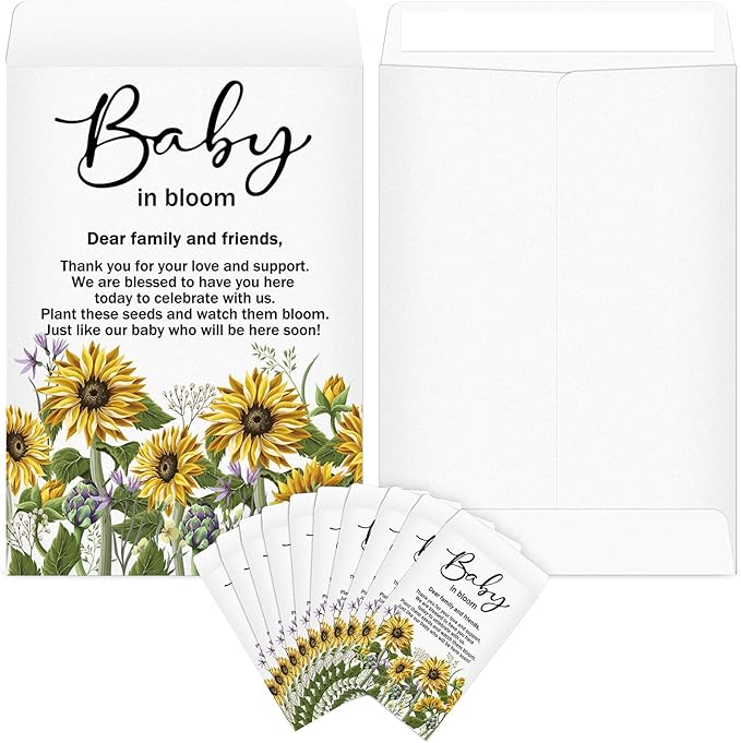 Fumete 50 Pcs Baby Shower Seed Packet Self Adhesive Kraft Envelopes Baby in Bloom Seed Storage Packets Mini Kraft Retro Paper Organizer for Gender Reveal Party, No Seeds(Sunflower)