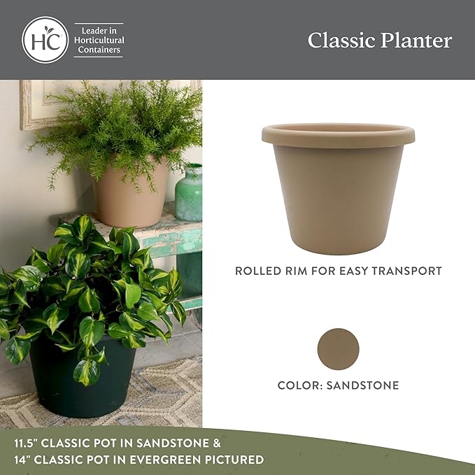 The HC Companies 17 Inch Classic Round Planter Pots with Drainage, Rolled Rim Plastic Planters for Indoor & Outdoor Plants, 2-Pack Decorative Flower Pots for Garden, Office & Home Decor, Sandstone