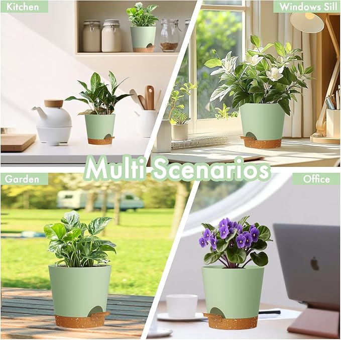 4 inch Self Watering Pots for Indoor Outdoor Plants, 6 Pack Plastic Flower Planters with Drainage Holes and Removable Saucers, Plant Pots with Wicking Rope, Modern Decor, Green Brown