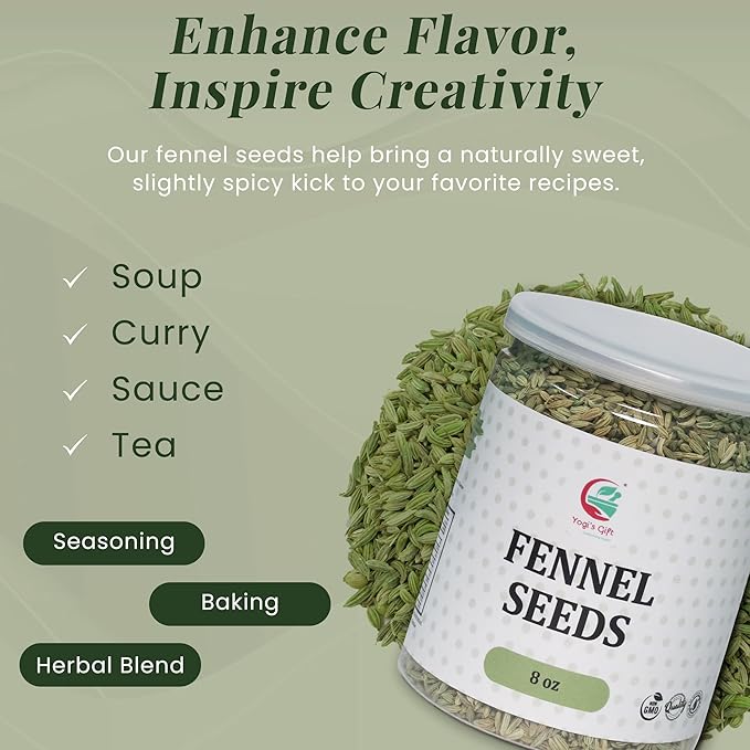 Fennel Seeds 8oz, 100% Pure & Natural Whole Fennel, Premium Quality Spice for Cooking & Tea, Fresh & Aromatic - By Yogi’s Gift®