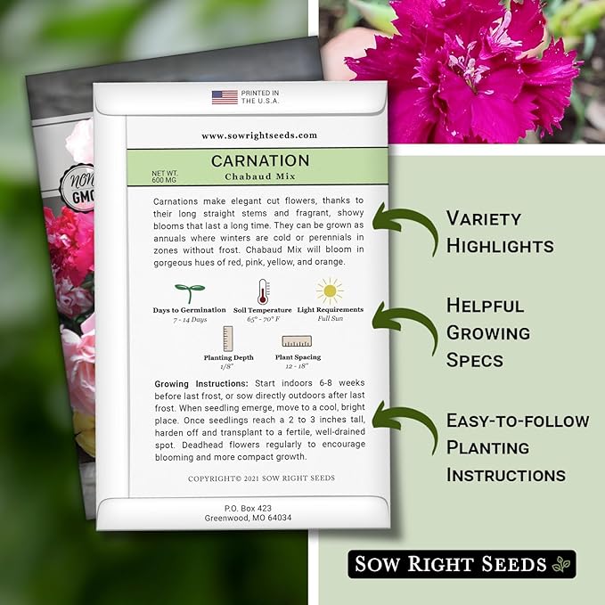 Sow Right Seeds - Chabaud Mix Carnation Seeds for Planting - Non-GMO Heirloom Dianthus Variety Ideal for Outdoor Gardens - Grow Large Carnation Plants - Easy to Sow and Bloom Beautiful Flowers (2)
