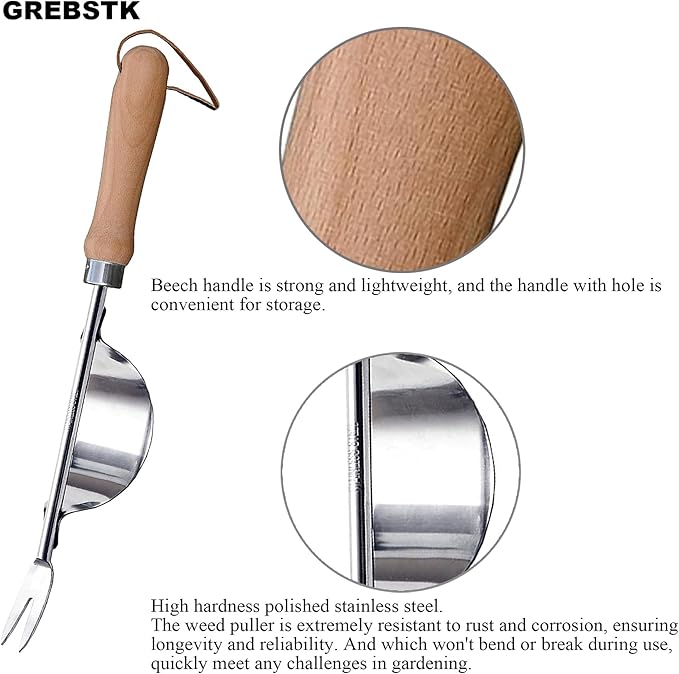 GREBSTK Hand Fork Stainless Steel Beech Handle Garden Tool Hand Weeder Fork for Aerating, Planting, Spreading Mulch, Weeding, Loosening, Transplanting Soil
