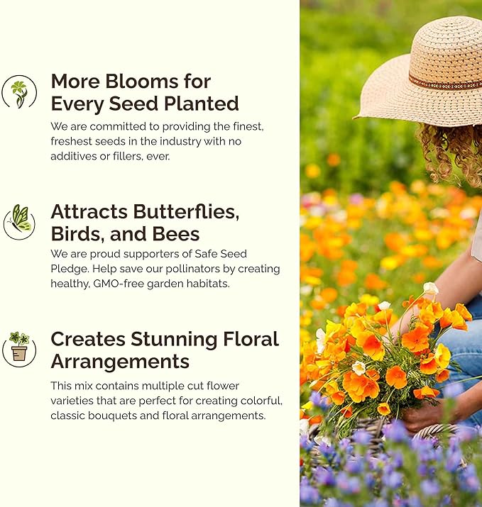 Eden Brothers Bird & Butterfly Wildflower Mixed Seeds for Planting, 25 lb, 12,000,000+ Seeds with Cosmos, Indian Blanket | Attracts Pollinators, Plant in Spring or Fall, Zones 3, 4, 5, 6, 7, 8, 9, 10