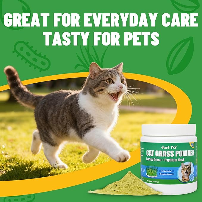 Just Try 7OZ Cat Grass Powder Feline Grass Treats Cat Suppluments Hairball Treatment for Cats Cat Hairball Remedy Gut Health Cat Treats Healthy