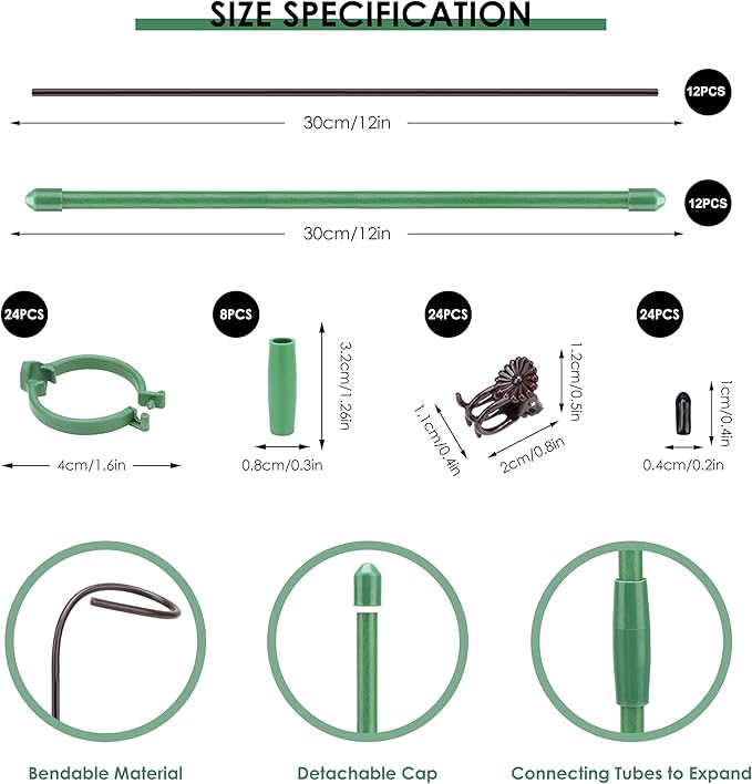 24 Pcs Plant Stakes Kit, 12 Inch Bendable Single Stem Support Stakes with Orchid Clips Connect Rings, Stackable Garden Plant Stick Planter Support Sticks for Potted Plants Flowers Orchid Rose Peony