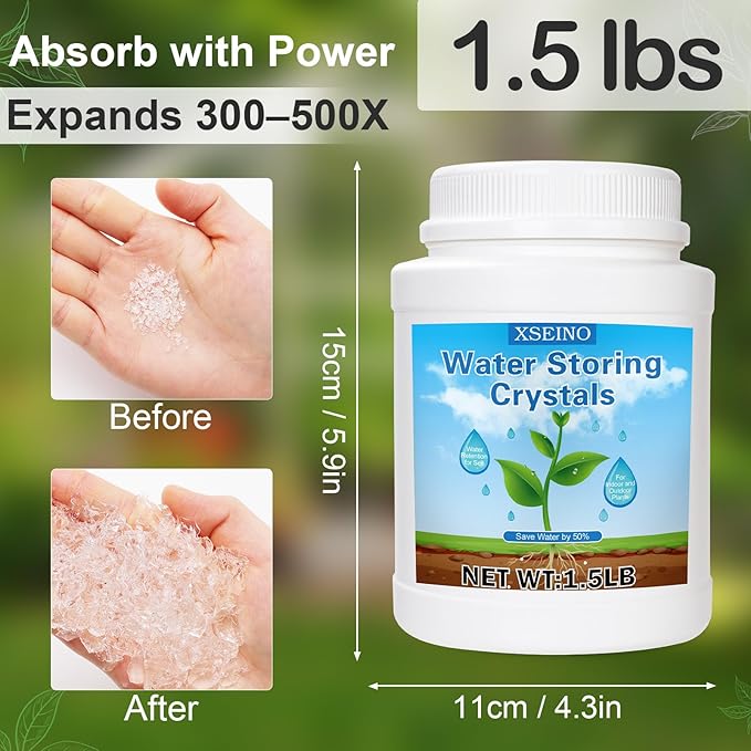 XSEINO 1.5LB Soil Moisture Crystals Water-Absorbing Hydrogel for Plants Solves Over and Under-Watering, Long-Lasting Water Retention to Keep Soil Moist Polymer Water Storage Crystals