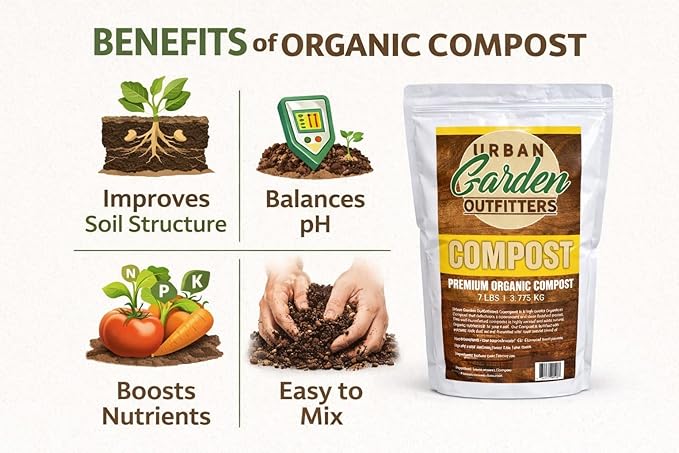 Premium Organic Compost - Nutrient Rich Soil Amendment for Gardens, Flowers, & Vegetables - Improves Soil Structure & Balance - Resealable Bag (7lb)
