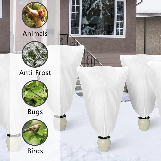 Plant Covers Freeze Protection, 24" x 32" 2.5oz/yd² Reusable Frost Cloth with Drawstring, Winter Plants Jacket Warm Shrubs Cover Blanket Frost Protection for Outdoor Garden Plants, 2 Packs