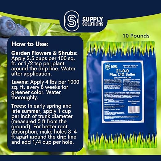 Supply Solutions 21-0-0-24S Ammonium Sulfate for Deep Green Plants - Soil Acidifier for Blueberry Blooms, Azalea and Magnolia Tree Fertilizer - Sulfur for Plants Nitrogen Fertilizer (10 Pounds)