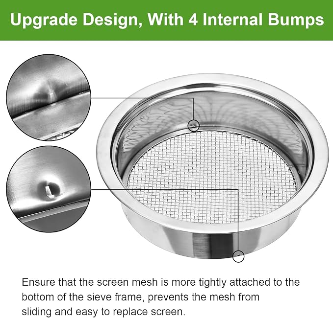 Soil Sieve Stainless Steel Riddle Sieve Set, 9.5" Diameter, Garden Sifter with 5 Filter Mesh Sizes 1,3,5,9,12mm and Bonsai Soil Scoops Gardening Tool