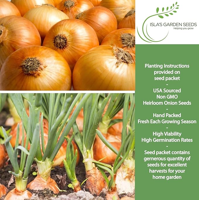 Yellow Sweet Spanish Onion Seeds (Allium cepa) – 750+ Non-GMO Heirloom Seeds by Isla’s Garden Seeds, Mild & Sweet Flavor, Large Golden Bulbs, Excellent for Cooking, Slicing & Storage, Garden Gift Idea