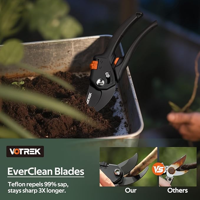 VOTREK® Pruning Shears for Gardening, [Patented Stepless Handle Opening] - Bonsai Scissor with Ultra-Sharp SK5 Steel for Weak Hand, Universal Fit for All Hand Sizes, Effortlessly Cuts 1-Inch Branches