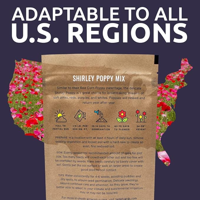Shirley Poppy Seeds – Mixed Colors – Bulk Quarter Pound Bag – Over 800,000 Open Pollinated Non-GMO Wildflower Seeds – Papaver rhoeas