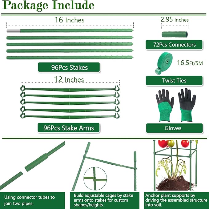 6Pack 12" Width Up to 63" Height Adjustable Square Tomato Cages for Garden, Plant Support Stakes for Climbing Vegetable, Tomatoe, Flower, with Twist Ties Snap-On Stake Arms