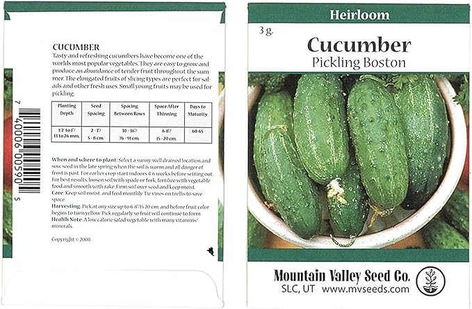 Cucumber Seeds for Planting - Boston Pickling Cucumbers - 3 g 90+ Seeds - Non-GMO, Heirloom Cucumber Plant Seeds - High Yield Cucumber - Sealed in a Beautiful Mylar Package for Extended Shelf Life