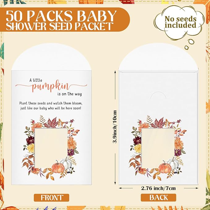 Fumete 50 Pack Baby in Bloom Seed Packets Baby Shower Party Favor for Guest Envelopes Kraft with Clear Window Resealable Seed Organizer Storage Bag for Gender Reveal Party, No Seeds(Fall)