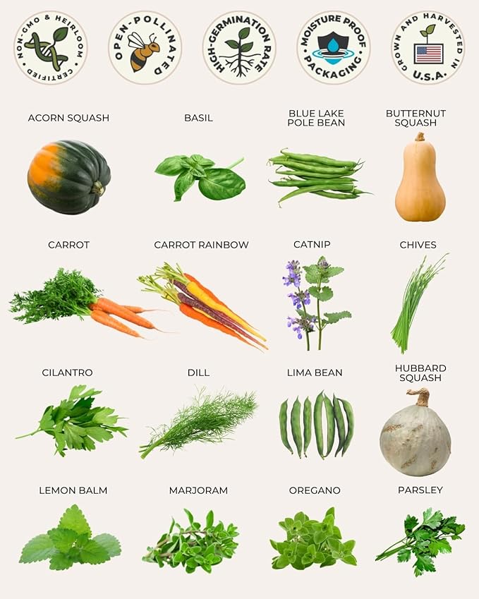 Tactiko Survival Ultimate Energy Seed Kit - 30 Calorie-Dense Veggies & Popular Herbs - USA-Grown Non-GMO Heirloom Seeds - Mylar-Bag for Long-Term Storage, Emergency Food Supply Gardening