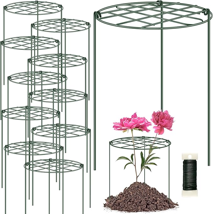 10 Pack Peony Cages and Supports 12 x 16 Inch Grow Through Plant Supports for Outdoor Plants,Plant Brace Flower Support Rings Hoops for Vegetables,Rose,Tomato,Orchids
