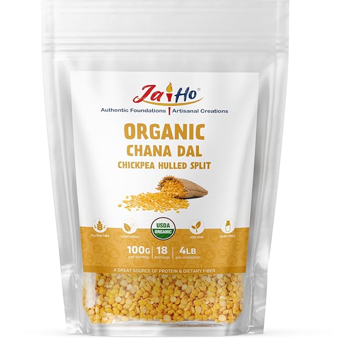 Jai Ho Certified Organic Chana Dal Chickpea Hulled Split 4 lb | Organic Chana Dal | USDA Organic | Non-GMO | Chemical-Free | Premium Quality Kosher (4 Pound, Chana Dal)