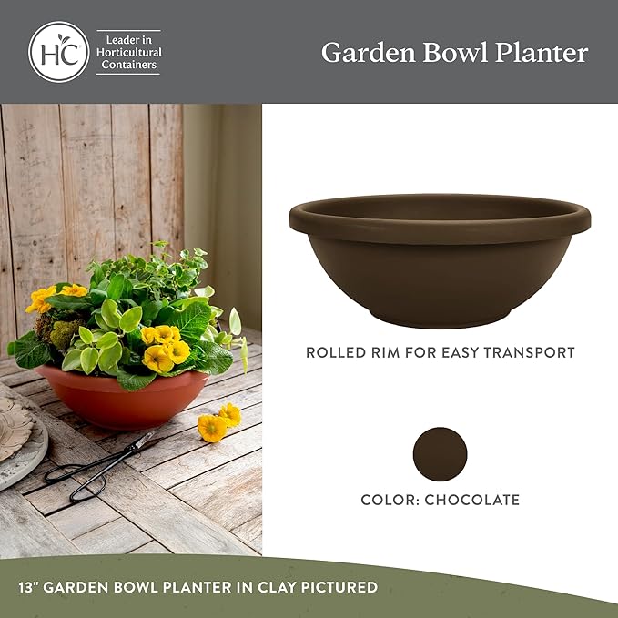 The HC Companies 13 Inch Shallow Garden Bowl Plant Pot with Drainage, Lightweight UV-Resistant Plastic Planters for Succulents, Herbs & More, 2-Pack Planters for Indoor Outdoor Home Decor, Chocolate