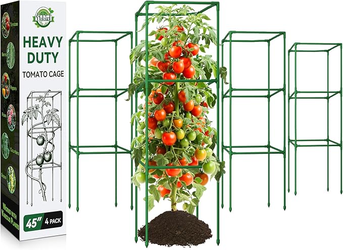 Halatool Heavy Duty Square Tomato Cages, 45 Inch Large Metal Tomato Cages for Garden, Adjustable Folding Tomato Trellis for Climbing Vegetables Flowers Fruits, 4 Pack