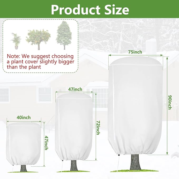 2 Pack Rounded Top Plant Covers Freeze Protection for Winter, Plant Covers for Winter, 40" X 47" Tree Frost Protection Blankets Outdoor With Zipper/Drawstring, for Shrub Bush Fruit Tree Potte(White)