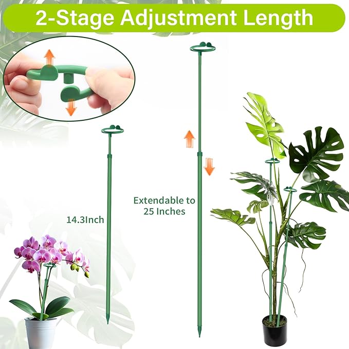 Extendable Plant Stakes,Adjustable Length from 14.3IN to 25IN Monstera Support Stakes with Clips,Sturdy Plant Stakes for Indoor Outdoor,Garden Sticks for Orchid,Tomato,Climbing Plants- 7Pack