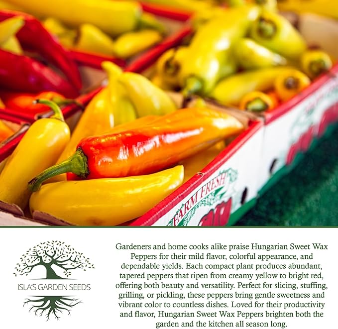 Hungarian Sweet Wax Pepper Seeds (Capsicum annuum) – 100+ Heirloom Non-GMO Seeds by Isla's Garden Seeds, Mild and Flavorful Peppers, Ideal for Fresh Eating, Pickling & Cooking, Great Gardening Gift