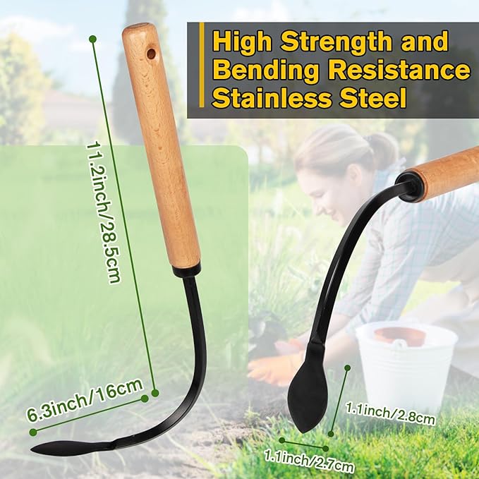 Weed Puller Tool, Manual Weeder with Heavy Duty Steel Curved Head, Hand Cultivator & Garden Hoe, Reusable Wood Handle Weeding Tool for Flower Beds & Vegetable Garden (Black)
