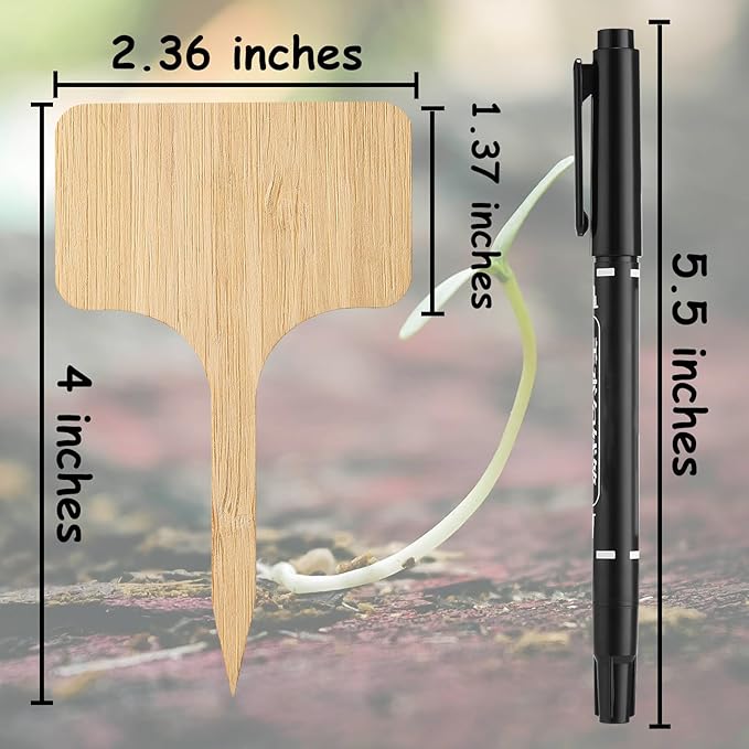 140 Pcs Bamboo Plant Labels with 1 Marker Pen, T-Type Natural Seedling Nursery Sign Tags, Wood Garden Markers Decorative Patio Tags for Outdoor Indoor Potted Plants Herbs Flowers Vegetables