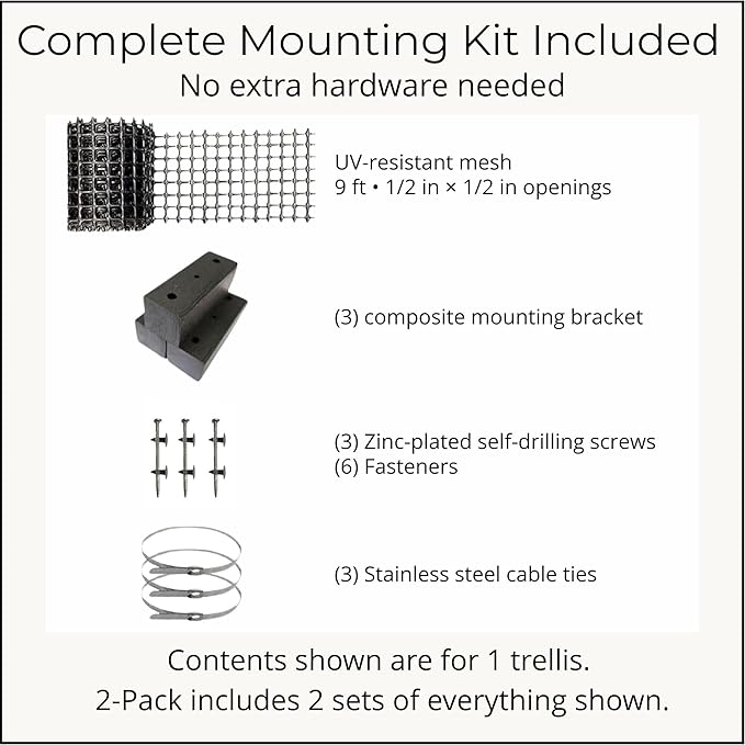 Downspout Trellis for Rain Gutters and Downspouts 9 ft x 4 Climbing Plant Support, HDPE Mesh Vine Trellis with Mounting Hardware for Clematis and Vines, Scroll Trellis 2-Pack