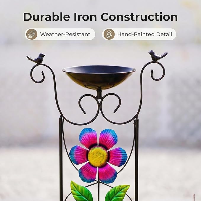 Bird Bath with Trellis Outdoor - 40" Antique Iron Free Standing with 9" Detachable Basin, Spinning Flower Windmill & Birdfeeder Station for Garden Decor