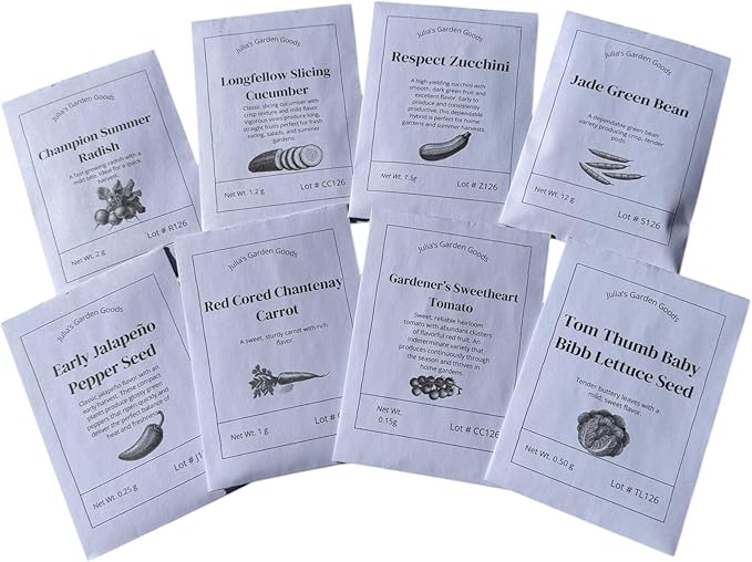 Julia's Garden Goods Vegetable Seed Collection, 8 Pack Variety Set with Cucumber, Zucchini, Green Bean, Radish, Jalapeño Pepper, Carrot, Tomato, Lettuce