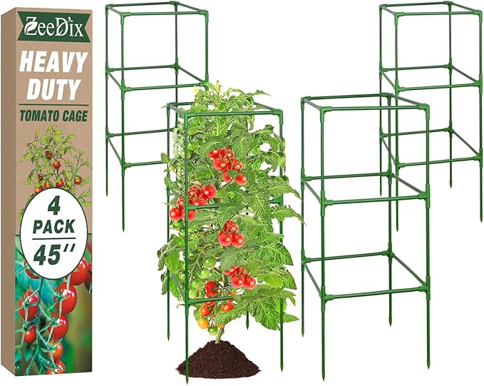 ZeeDix 45 Inch Tomato Cages 4 Pack, Heavy Duty Adjustable Metal Garden Plant Supports for Climbing Vegetables - Square Cage for Tomatoes, Cucumbers, Peas, Flowers with 40 Plant Clips