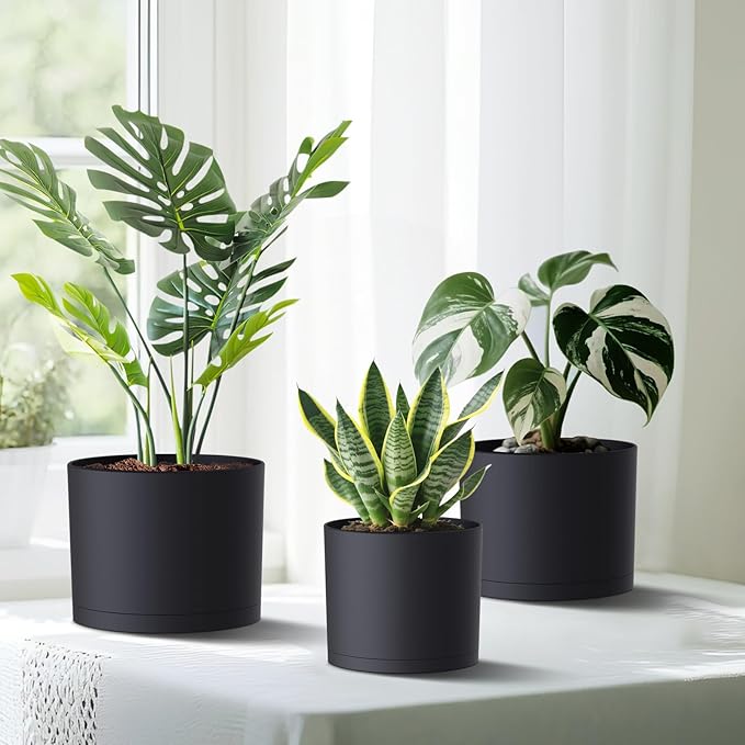 10/9/8 Inch Large Plant Pots with Drainage Holes and Trays, 3 Pack Modern Minimalist Cylinder Planters for Monstera, Snake Plant, Indoor Outdoor (Matte Black)