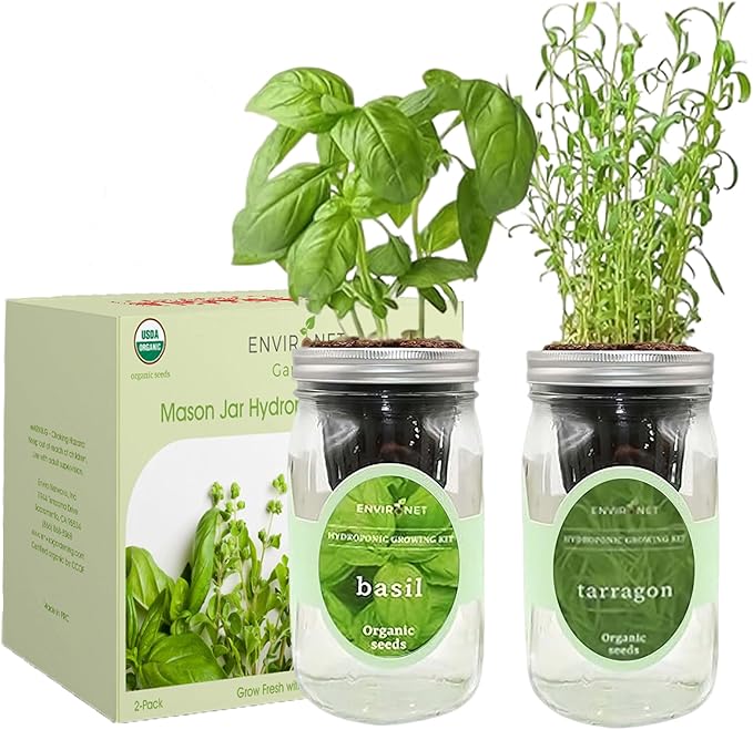 2-Pack Hydroponic Mason Jar Herb Garden Kit, Indoor Herb Garden Self-Watering Starter Kit (Basil,Tarragon)