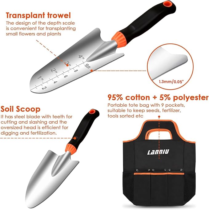 9 Piece Garden Tool Set - Heavy Duty Stainless Steel Gardening Hand Tools with Ergonomic Non-Slip Rubber Handles, Pruning Shears, Trowel and 600D Storage Tote Bag, Gardening Gifts for Women