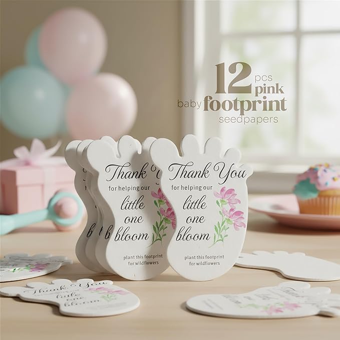 Seed Bloom Footprint-Shaped Seed Paper – 12 pcs Pink Shower Favors for Guests with Wildflower Seeds, Writable & Plantable, Gender Reveal, Birthday Gifts for Guest