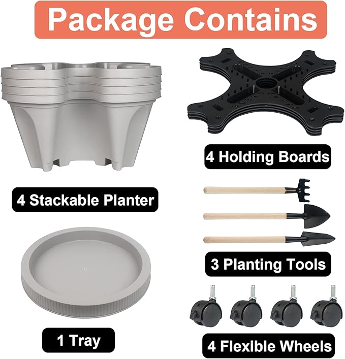 GameXcel Vertical Planter 4 Tier Stackable Planters Garden Planters Strawberry Herb Flower and Vegetable Planter Indoor Outdoor Gardening Pots with Removable Wheels and Tools 2-Pack
