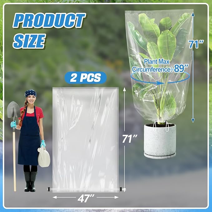 ANPHSIN 2 Pcs Extra Large Winter Plant Cover Freeze Protection - 71" x 83" Plastic Plant Frost Bags with Drawstring, Waterproof Plant Shelter Coverings for Outdoors Garden Shrubs Palm Fruit Trees